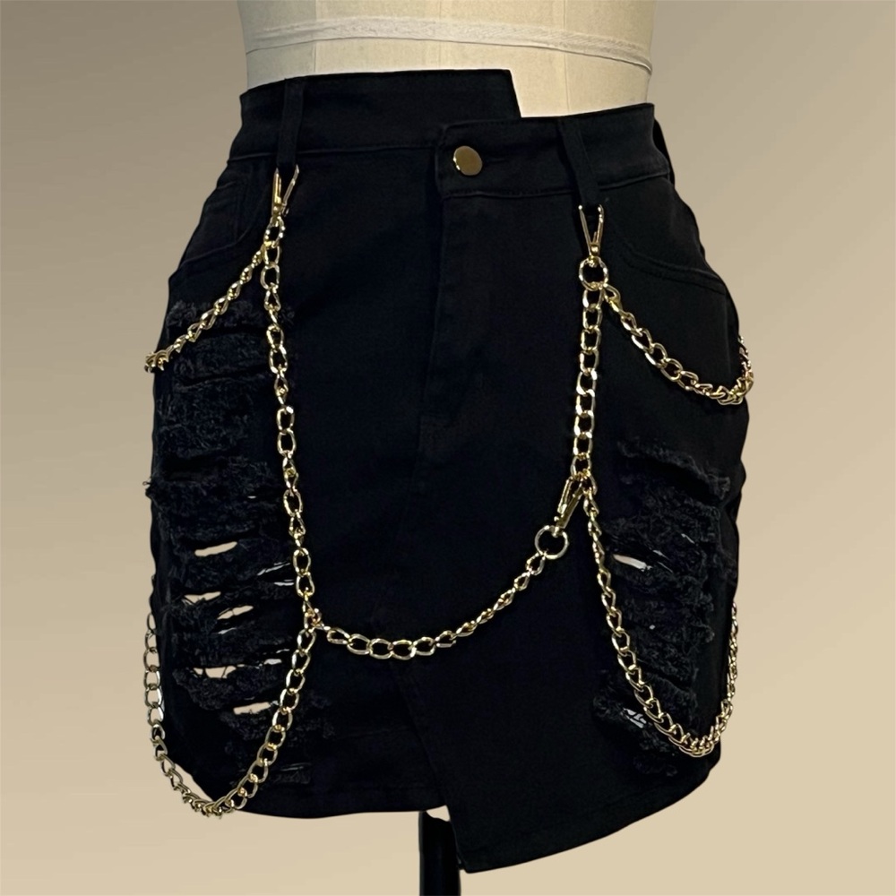 Dolls Kill Black Denim Chain Mini Skirt